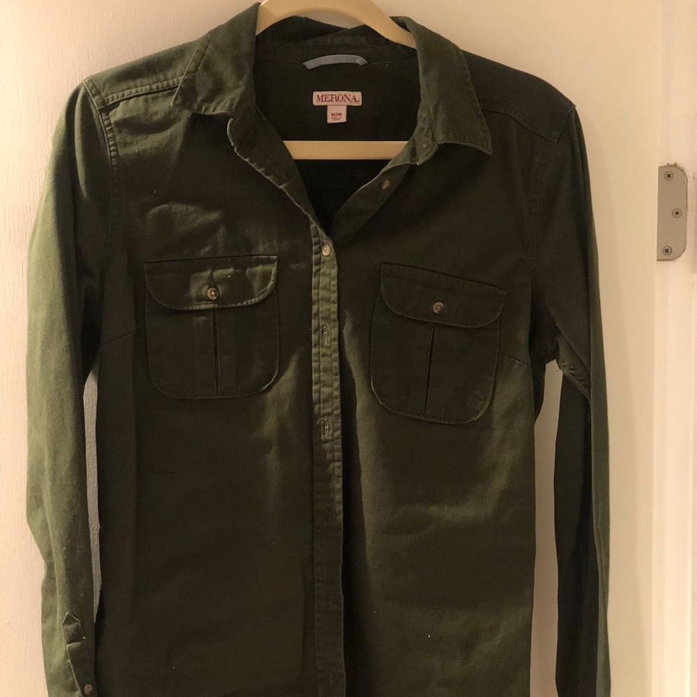 Long Sleeve heavy olive button down shirt